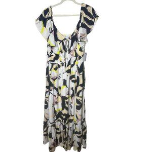 Nine West NWT Maxi Dress Womens Tropical Black White Yellow Floral Flutter XL